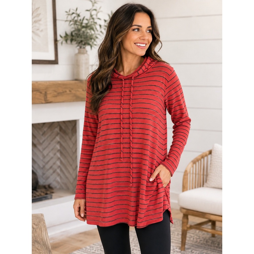 Peyton Jensen Womens S Abby Hoodie Tunic Red Black Striped Cowl Neck Pockets NEW